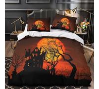 Halloween Ensemble De Literie 3D Imprimé Microfibre Hypoallergique 3 Pièces 2 Taies Ultra Douce spooky Haunted House Housse de Couette Super Douce Entretien Facile for les Enfants King（220x240cm）