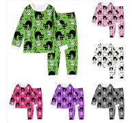 Halloween Ensembles de Pyjama Enfant Fille avec col Rond, Pajamas Set Manches Longues Coton et Pantalon Long Lettres Chat Imprimé, vêtements de Nuit pour Enfants Casual Large, 2-10 (Green, 6-7 Years)