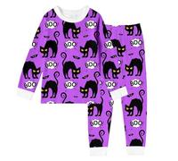 Halloween Ensembles de Pyjama Enfant Fille avec col Rond, Pajamas Set Manches Longues Coton et Pantalon Long Lettres Chat Imprimé, vêtements de Nuit pour Enfants Casual Large, (Purple, 9-10 Years)