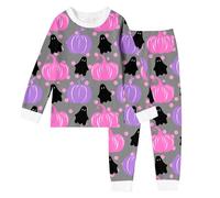 Halloween Ensembles de Pyjama Enfant Fille Doux, Pyjamas Set Manches Longues et Pantalon Long fantôme Citrouille Imprimé, Pyjama Enfant Fille avec et col Rond Hiver Chaud, 2-10 Ans (Grey, 3-4 Years)