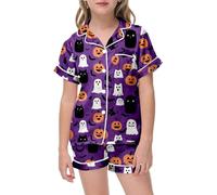 Halloween Ensembles Garçon Été Tenues et pour filles de 2 à 13 ans, ensemble shorts décontractés, vêtements tous les jours, lavables en machine, confortables Combi Pantalon Fille(Dark Violet,6 ans)