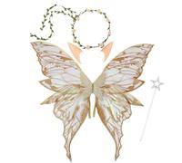 Halloween Fairy Wings Set for Girls Women Butterfly Wings Elf Ears Magic Wand Flower Headband,Ailes de Fée Adulte,Fairy Wings Adult,Fairy Wings kids,for Cosplay,Halloween,Fête d'Anniversaire (Gold)