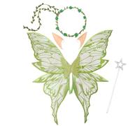Halloween Fairy Wings Set for Girls Women Butterfly Wings Elf Ears Magic Wand Flower Headband,Ailes de Fée Adulte,Fairy Wings Adult,Fairy Wings kids,for Cosplay,Halloween,Fête d'Anniversaire (Green)