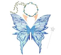 Halloween Fairy Wings Set for Girls Women Butterfly Wings Elf Ears Magic Wand Flower Headband,Ailes de Fée Adulte,Fairy Wings Adult,Fairy Wings kids,for Cosplay,Halloween,Fête d'Anniversaire (Blue)