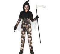 Halloween Fantôme Faucheur Combinaison à capuche avec motif tête de mort Scary Outfit Costume d'horreur nuit, Taille : 140/146 Couleur : Noir