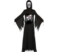 Halloween Faucheuse Costume Crâne sombre Capuche Tunique Look effrayant Ambiance terrifiante, Taille : 128/134 Couleur : Noir