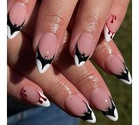 Halloween Faux Ongles Amande Français Press on Nails, 24pcs Rose Ongles à Coller Motif Chauve-souris Sanglante, Couverture Complète Acrylique Fake Nails avec Autocollants Adhesif pour Femmes et Filles