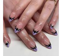 Halloween Faux Ongles Amande Français Press on Nails, 30pcs Rose Ongles à Coller avec Motif Batte, Couverture Complète Acrylique Fake Nails avec Autocollants Adhesif pour Femmes et Filles