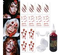 Halloween Faux Sang 30ml, 12 Pièces Halloween Zombie Scar Tatouage, Crocs de Vampire d'halloween, Fake Blood Pour Carnaval, Blessure Halloween Tatouage, Cicatrice Visage Halloween, Sang de Scène