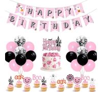 Halloween Fête D'anniversaire Fournitures Rose Noir Pour les Filles Halloween Joyeux Anniversaire Bannière Bébé Fantôme Chauve-Souris Ballons Halloween Paillettes Gâteau Topper Décorations Set