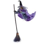 Halloween Flying Witch Decor - Sorcière d'Halloween sur balai avec yeux clairs - Accessoires effrayants - Ornement de vacances pour arbre intérieur, cour, pelouse, maison hantée