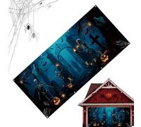 Halloween Garage Door Cover, 13×6ft Cemetery Gate Banner Backdrop, Large Outdoor Spooky Wall Mural Decoration for Home Holiday Party Yard Photo Prop, 400x185cm/13×6 Feet