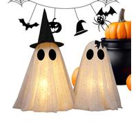 Halloween Ghost Decor 2 Pack, Battery Operated Glowing Ghost Table Ornament | with Warm LED Light, Cute Snow Gauze Haunted House Decoration for Home Living Room Office Fireplace Mantel Bookshelf