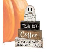 Halloween Ghost Sign - Wooden Block, Tiered Tray Decor | Spooky Centerpiece Display for Coffee Bar, Kitchen Shelf, Indoor Party Setup, Holiday Seasonal Accent for Home and Table Decoration Ghost Deco