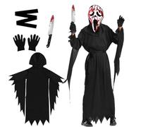 Halloween Ghostface Costume, Effrayant Reaper Costume pour Enfants, Déguisement de Scream avec Gants Noirs, Masque Scream, Couteau Jouet, Halloween Scream Costume pour Carnaval Cosplay Bal Masqué