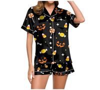 Halloween Gode Double Ensemble Pyjama imprimé pour Femmes, Haut et Short boutonnés à Manches Courtes en Satin de Soie, vêtements détente Chaussette Homme Cher Lot(Light Gris,XL)