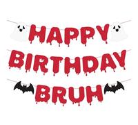 Halloween Happy Birthday Bruh Banner, Bannière en Papier Rouge Pailleté Préassemblée Décorations Fantôme et Chauve-Souris Guirlande pour Halloween Thème Effrayant Anniversaire Fournitures Fête