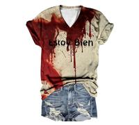 Halloween Hauts De Corset Noir pour Femmes Bretelles Spaghetti T-Shirt décontracté à Manches Courtes et col en V Femme, Haut imprimé avec Lettres d Tee Shirt Grandes Tailles(Rouge,4XL)