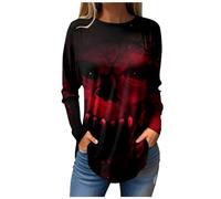 Halloween Hauts Manches Longues pour Femmes Soirée Courte T-Shirt Femme Automne Hiver décontracté à Chemise d imprimé Pull Tee Shirt(Marine,XXL)