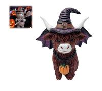 Halloween Highland Cow Figurine,Desktop Decoration Christmas Scene Resin Ornament,Highland Cow Statue with Pumpkin Skull and Witch Hat,Unique for Cow Lovers Home Decor (D)