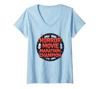 Halloween Horreur Movie Marathon Champion Spooky Fun T-Shirt avec Col en V, Femme, Bleu Céleste, M