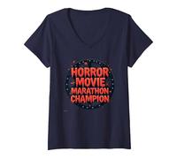 Halloween Horreur Movie Marathon Champion Spooky Fun T-Shirt avec Col en V, Femme, Bleu Marine, M