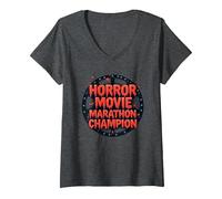 Halloween Horreur Movie Marathon Champion Spooky Fun T-Shirt avec Col en V, Femme, Chiné Foncé, M