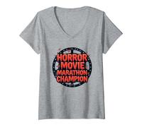 Halloween Horreur Movie Marathon Champion Spooky Fun T-Shirt avec Col en V, Femme, Gris Chiné, M