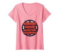 Halloween Horreur Movie Marathon Champion Spooky Fun T-Shirt avec Col en V, Femme, Rose, S