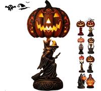 Halloween Horror Themed Pumpkin Lights, Gothic Resin Lantern with Skull & Witch Design, Lantern Halloween Ornaments, Uniquely Designed Resin Pumpkin Lantern，Fantasy Dark Aesthetic Night Light (E)