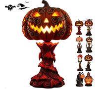 Halloween Horror Themed Pumpkin Lights, Gothic Resin Lantern with Skull & Witch Design, Lantern Halloween Ornaments, Uniquely Designed Resin Pumpkin Lantern，Fantasy Dark Aesthetic Night Light (C)