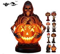 Halloween Horror Themed Pumpkin Lights, Gothic Resin Lantern with Skull & Witch Design, Lantern Halloween Ornaments, Uniquely Designed Resin Pumpkin Lantern，Fantasy Dark Aesthetic Night Light (A)