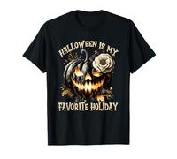 Halloween is My Favorite Holiday Floral Black Pumpkin Face T-Shirt