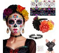 Halloween Jour Des Morts Bandeau: Serre Tete Fleur dia de los Muertos | Tatouage de Visage du Jour des Morts gants colliers et Autocollant Diamant - Convient pour Halloween -soirée costumée cosplay