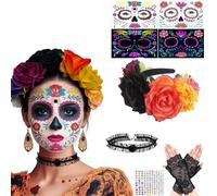 Halloween Jour des Morts Femmes Bandeau, Bandeau de Roses du Jour des Morts, Floral Coiffe Rouge, avec Autocollants Nocturnes et des Gants de Dentelle Courts, pour le Carnaval, Costumé Party