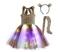 Halloween Jupe Évasée Fille Costume de fête d pour Filles, Robe Tutu en Maille, sans Manches, avec Animaux Dessin animé, LED Manteau Hiver Chaud(Brun,5 Ans)