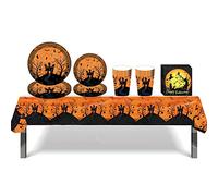 Halloween Kit Vaisselle de Fête 16 Invités,Assiettes Carton Jetable Tasses Serviettesr en Papier et Nappe Plastique,Orange Vaisselle Recyclable Kit Decoration Halloween Fournitures de Fêtes