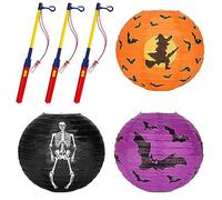 Halloween Lanternes en Papier avec Bâtons de Lanterne LED, 3 PCS Lanternes Rondes en Papier Pliables 3 PCS Bâton de Lanterne LED, Squelette Sorcière Chauve-Souris Lanternes pour Halloween Décoration