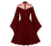 Halloween Lot de Vêtements Gothiques Femmes Rockabilly Longue Punk Swing Couleur Solide Robes Manches Gothique fête Robe pour Costumes Cosplay Queue Fée(Rouge,M)