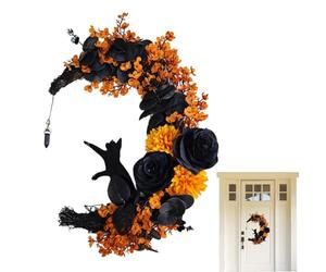Halloween Lune Chat Noir Couronne Lumineuse Horreur Recherche | Couronne de chat de lune adaptée pour la porte d'entrée, l'intérieur, l'extérieur, la fenêtre, le mur