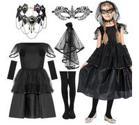 Halloween Mariée Fantôme Déguisement Fantôme Marié Filles, Halloween Costume Fille Halloween Mariée Fantôme,Déguisement Mariée Halloween avec Voile Noir,Collier,pour Fille Halloween Carnaval Cosplay