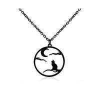 Halloween Moon Cat Necklace - Stainless Steel Black Branch Loyalty Pendant Necklace, Women's Girls