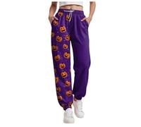 Halloween Pantalon de Jogging Femme Imprimé Pantalons Survêtement Taille élastique Doux Longue avec Poches pour Sport Running Fitness Training (Purple-3, S)
