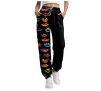 Halloween Pantalon de Jogging Femme Imprimé Pantalons Survêtement Taille élastique Doux Longue avec Poches pour Sport Running Fitness Training (Orange-3, S)