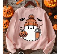 [Halloween Party] 1 pièce Sweat-shirt à col ras du cou pour jeune fille avec imprimé citrouille, fantôme, chauve-souris. Pull chaud pour l'automne/l'hiver, vêtement pour jeune étudiante, Top d'Hallowe