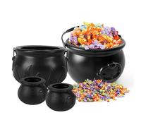 Halloween Party Decoration, Black Cauldron Kettle with Handle, 4 Witches Cauldron Candy Bowl on Rack, Trick Or Treat Candy Pail Holder, Halloween Decor for Home Porch Outside