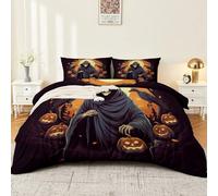 Halloween Parure de Lit 200 x 200 cm Adulte Enfant GarçOn Housse de Couette Impression 3D de Horreur Grim Reaper Citrouille-Lanterne Sets de Housse de Couette en Microfibre avec Fermeture éClair, Noir