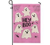 Halloween Peach Ghost Hey Boo Garden Flag Résistant Aux Intempéries Bannière Solide Drapeau De Jardin Pour Porche Pelouse Extérieur 30X45Cm