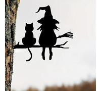 Halloween Pieu Sorcière Chat Panneau de jardi Décor extérieur Halloween | Décor de chat en métal noir (Black, 25X20CM)