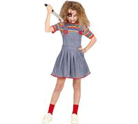 Halloween Poupée Chemise à rayures colorées Robe effrayante Enfants Costume Rouge Boutons Personnages d'horreur Effrayant, Taille : 128/134 Couleur : Bleu